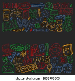 Concept of learning English. Online language courses. E-learning. Pattern with vector icons.