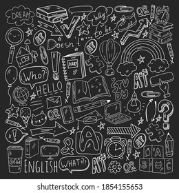 Concept of learning English. Online language courses. E-learning. Pattern with vector icons.