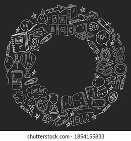 Concept of learning English. Online language courses. E-learning. Pattern with vector icons.