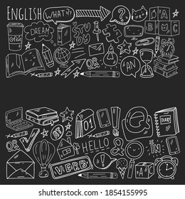 Concept of learning English. Online language courses. E-learning. Pattern with vector icons.
