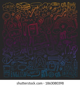 Concept of learning English. Online language courses. E-learning. Pattern with vector icons.