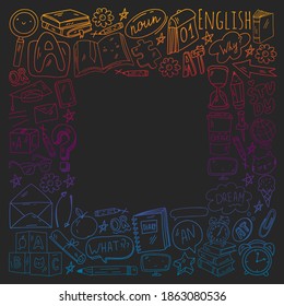 Concept of learning English. Online language courses. E-learning. Pattern with vector icons.