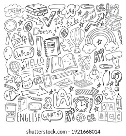 Concept of learning English. Online language courses. E-learning. Pattern with vector icons.