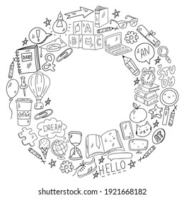 Concept of learning English. Online language courses. E-learning. Pattern with vector icons.