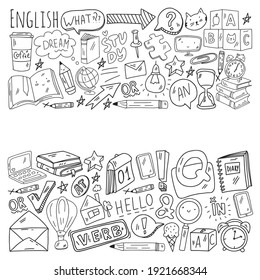 Concept of learning English. Online language courses. E-learning. Pattern with vector icons.
