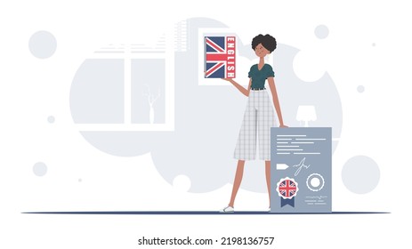The concept of learning English. A woman holds an English dictionary and a certificate in her hands. Flat modern style. Vector illustration.