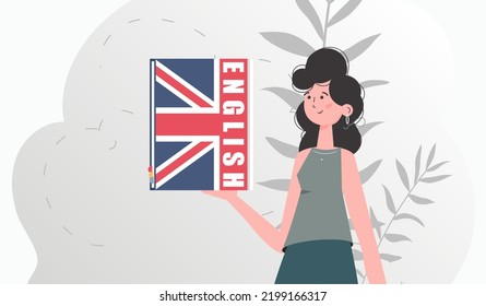 The concept of learning English. A woman holds an English dictionary in her hands. trendy style. Vector illustration.
