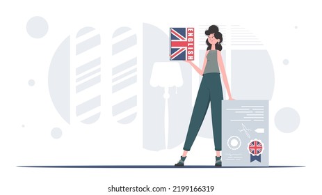 The concept of learning English. A woman holds an English dictionary and a certificate in her hands. trendy style. Vector.