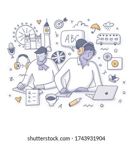 Concept of learning English. A woman listens to headphones, a man reads a book. Improving English language skills. English testing for study abroad and immigration. Doodle vector spot illustration