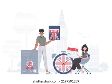 The concept of learning English. Woman and man English teachers. Flat modern style. Vector.