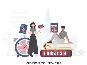 The concept of learning English. Woman and man English teachers. Trendy cartoon style. Vector illustration.