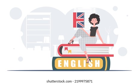 The concept of learning English. A woman sits on books and holds an English dictionary in her hands. Flat modern style. Vector.