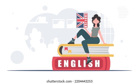 The concept of learning English. A woman sits on books and holds an English dictionary in her hands. Trendy cartoon style. Vector.