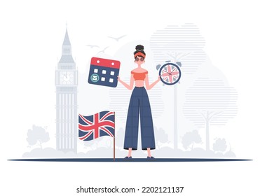 The concept of learning English. Woman teacher shows that it's time to learn English. trendy style. Vector.