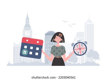 The concept of learning English. Woman teacher shows that it's time to learn English. trendy style. Illustration in vector.