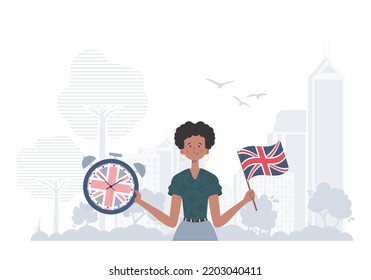 The concept of learning English. Woman teacher shows that it's time to learn English. Trendy cartoon style. Illustration in vector.