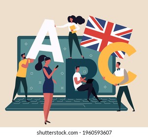 The concept of learning English for work, travel, study. Young people with gadgets. Vector cartoon flat illustration.