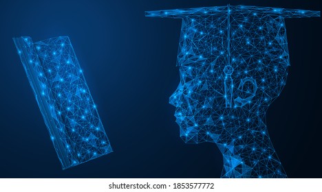 The concept of learning. A graduate student gets knowledge from a book. Low-poly design of interlocking lines and dots. Blue background.