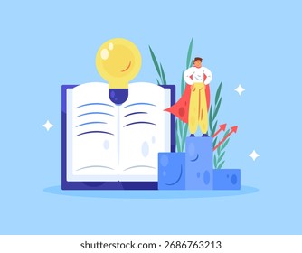 The concept of learning to improve performance and skills. Knowledge and improvement. Illustration of a man on a podium with a book and a light bulb. Flat style design. Blue background.