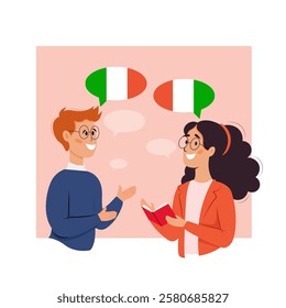 Concept of learning Italian. Italian language course in language school. Learn foreign languages ​​with native speaker. Global communication idea. Vector illustration in cartoon style