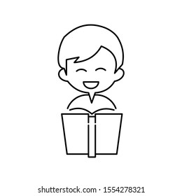 Concept of learning. Kid with a book. Outline thin line flat illustration. Isolated on white background. 