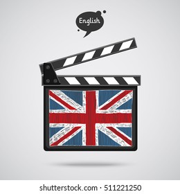 Concept of learning languages. Study English of Britain. Movie production clapper board with hand drawn english flag. Film in English.