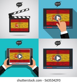 Concept of learning languages. Study Spanish set. Movie production clapper board and screen with hand drawn Spanish flag. Film in Spanish.