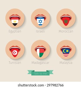 Concept of learning languages or traveling. Open mouth with tongue hanging painted like a flag. Flat design, vector illustration