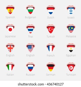 Concept of learning languages or traveling. Open mouth with tongue hanging painted like a flag. Flat design, vector illustration