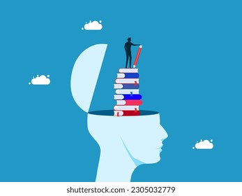 concept of learning. man with pencil on stack of books in human head