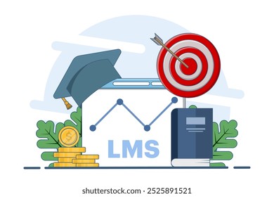 Concept of Learning Management System or LMS as online education. Educational technology, online learning delivery, training, knowledge software application, qualification framework. Vector illustrati