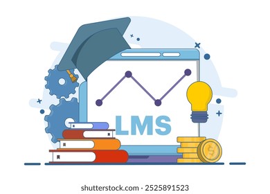 Conceito de Sistema de Gerenciamento de Aprendizagem ou LMS como educação online. Tecnologia educacional, fornecimento de aprendizado on-line, treinamento, aplicativo de software de conhecimento, estrutura de qualificação. Ilustração vetorial