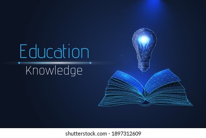 the concept of learning, learning new, development. open book and light bulb symbol of idea, mind and learning. learning new things. isolated on blue background. wireframe, vector illustration. dots