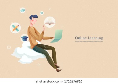 Concept of learning online for better and safer experience, with young student using laptop to gain knowledge through internet