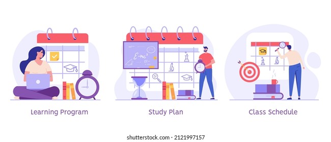 Concept of learning program, study plan, class schedule. Students scheduling courses plan. Students organizing personal study plan in university. Set of vector cartoon illustration for web banner