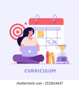 Concept Of Learning Program, Study Plan, Class Schedule. Woman Scheduling Courses Plan. Student Girl Organizing Personal Study Plan In University. Vector Illustration In Flat Design For Web Banner