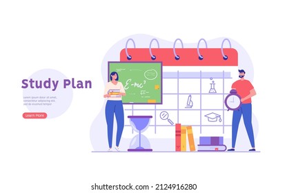 Concept Of Learning Program, Study Plan, Class Schedule. Students Scheduling Courses Plan. Students Organizing Personal Study Plan In University. Vector Illustration In Flat Design For Web Banner