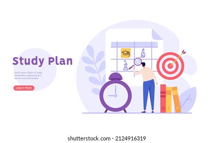 Concept of learning program, study plan, class schedule. Student man scheduling courses plan. Student organizing personal study plan in university. Vector illustration in flat design for web banner