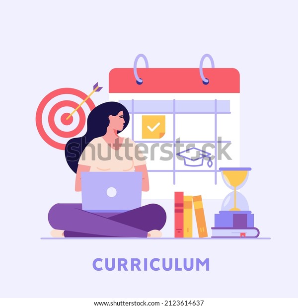 Concept of learning program, study plan, class\
schedule. Woman scheduling courses plan. Student girl organizing\
personal study plan in university. Vector illustration in flat\
design for web banner