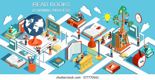 The concept of learning, read books in the library, tree of knowledge, isometric flat design vector