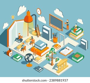 The concept of learning and reading books. Isometric flat design for training courses, tutorials, and lectures. Vector illustration can use for web banner, infographics, and website.
