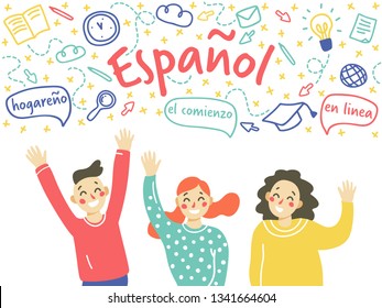 Concept of learning Spanish language. Happy boy and girls waving their hands. Isolated vector on white background,  vector in flat doodle style.