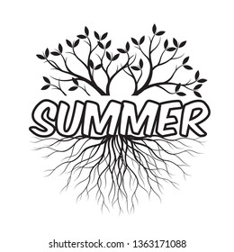 Concept with Leaves and Roots. Vector Illustration. Summer, text and idea. Plant and Garden.