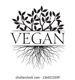 Concept with Leaves and Roots. Vector Illustration. Vegan text and idea. Plant and Garden.