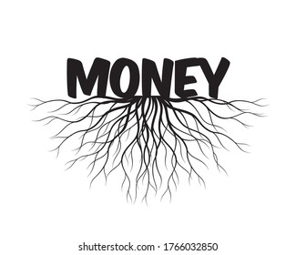 Concepto con hojas y raíces. Ilustración vectorial. Dinero, texto e idea. Planta y jardín.