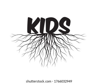 Concept with Leaves and Roots. Vector Illustration. Kids text and idea. Plant and Garden.