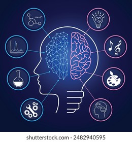 The concept of left and right human brain Low poly brain design consists of icons of creativity using the right brain. And analytical thinkers have left-brained ideas. knowledge vector illustration