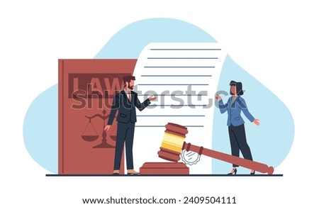 Concept of legal document execution, attorney files with court. Notary and lawyer in court. Jurisprudence and legislation. Huge law book and people. Deal agreement isolated vector illustration