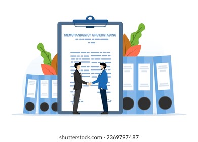 concept of legal document memorandum of understanding with stamp, businessman handshake on contract paper after agreement. establish business cooperation. employment agreement. cooperation signature.