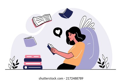 Concept of leisure and education. Girl reading novel sitting on chair. Woman holds book in her hands while resting or preparing for exam. Love for literature. Cartoon flat vector illustration.